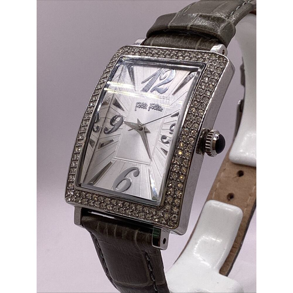 Folli Follie Womens Tank Gem Silver Quartz Elegant Watch New Battery